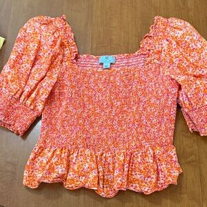 CeCe Orange Floral Smocked Blouse